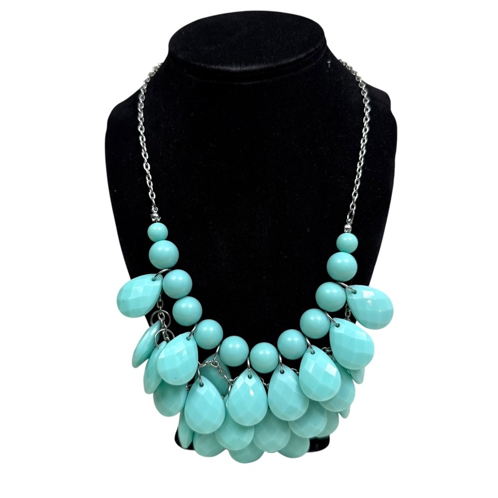 Statement Necklace Turquoise Beaded Bib Chunky Silver Tone Chain Jewelry 20 in